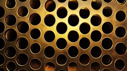 Poster - Golden perforated metal texture with circular holes creating an eye-catching abstract background for design and artistic projects.