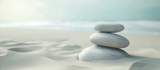 Poster - calm beach scene featuring stacked grey stones on sandy shore with soft light creating a serene atmo