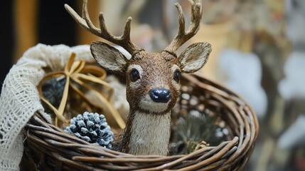 Poster - Handcrafted deer figurine nestled in a rustic basket surrounded by natural elements for a cozy seasonal decor theme