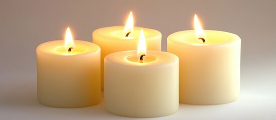 Poster - Warm flickering candles on a soft white background evoking relaxation and tranquility in a serene atmosphere for wellness or home decor themes
