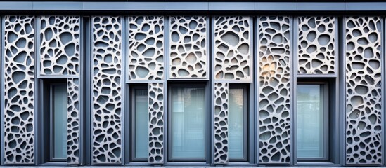 Poster - Intricate gray aluminum facade with decorative panels windows and doors showcasing modern industrial architectural design details