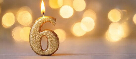 Poster - Golden number six candle with flame on a blurred golden light backdrop for birthday or milestone celebration themes