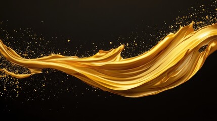 Fototapete - Elegant golden brush stroke with dynamic splash on a dark background for artistic and design applications.