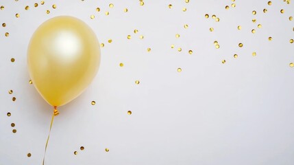 Poster - Gold yellow balloon with confetti on white background Perfect for celebration designs and festive decorations in creative layouts