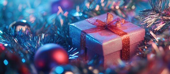 Poster - Festive gift box adorned with tinsel and colorful ornaments on a soft light background creating a joyful holiday ambiance