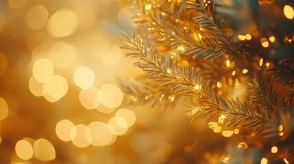 Poster - Golden bokeh lights shimmering softly on a festive background with shimmering tree branches creating a warm holiday ambiance