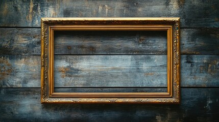 Poster - Vintage gold frame on distressed wooden wall background ideal for showcasing artwork or photographs in a rustic setting