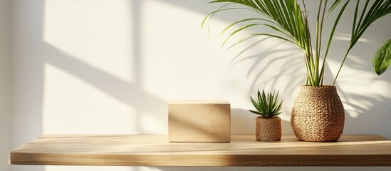 Poster - Minimalist gift box on a wooden table next to potted plants and soft natural light creating a serene and inviting atmosphere