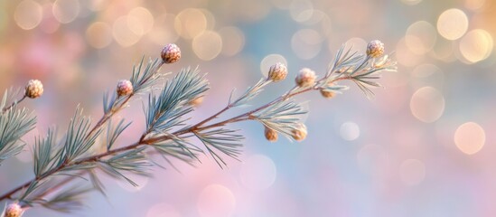 Poster - Frosted pine twigs with decorative bokeh backdrop in soft pastel colors creating a serene winter atmosphere for seasonal decor or design