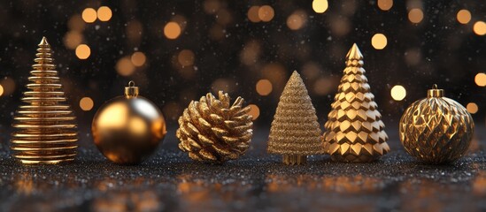 Poster - Gold Christmas ornaments in various shapes on a blurred festive background with warm bokeh lights for holiday decoration themes