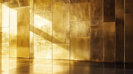 Poster - Elegant golden wall texture with reflections and light, perfect for luxurious backgrounds or artistic design projects.