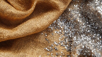 Poster - Gold and silver fabric textures on burlap background top view flat lay for creative and decorative design concepts