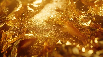 Poster - Luxurious close-up of shimmering gold foil reflecting light textures and patterns for elegant design and background use