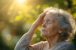 © Юля Бурмистрова - Woman experiencing a dizzy spell while enjoying a sunny afternoon outdoors. Generative AI