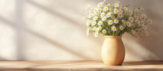 Poster - Elegant vase of fresh summer daisies with bright white petals arranged beautifully on a wooden table in soft natural light against a neutral backdrop