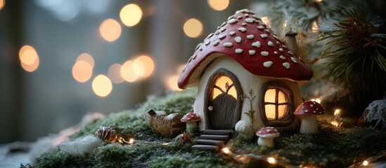 Poster - Handmade clay house with fly agaric roof illuminated by glowing garland and festive decorations in enchanting holiday setting
