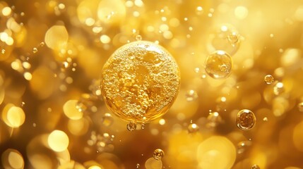 Poster - Golden champagne bubbles in a glass with a shimmering golden background creating a festive and celebratory atmosphere