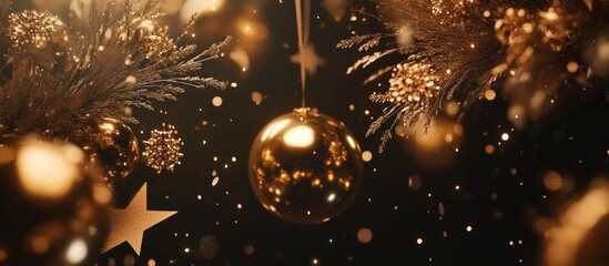Poster - Glowing golden star decorations with ornaments on a dark background for festive celebrations and joyful occasions