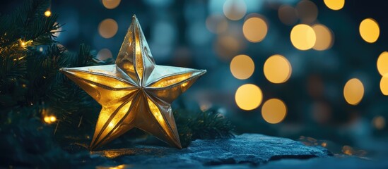 Poster - Illuminated gold star ornament with festive bokeh lights in the background creating a warm holiday ambiance