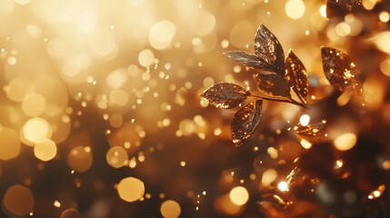 Poster - Golden Bokeh Background with Sparkling Leaves in Soft Focus for Elegant and Festive Designs