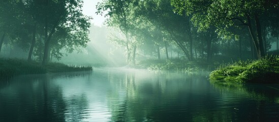 Poster - Tranquil freshwater surface reflecting lush green trees in a serene natural setting with soft light and mist in the background