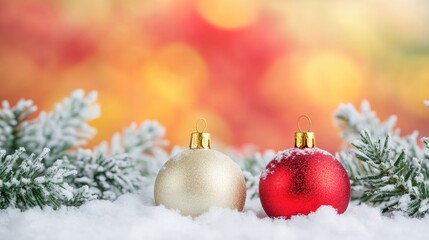 Poster - Elegant golden and red Christmas ornaments on snowy tree branches with a vibrant festive bokeh background for a joyful holiday atmosphere