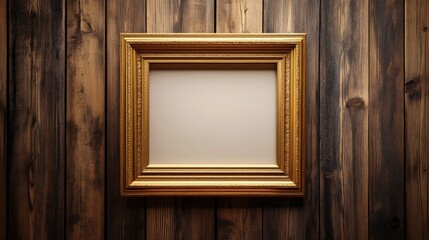 Poster - Elegant gold frame against rustic wood wall background empty for artwork display or photography showcasing vintage charm and craftsmanship.