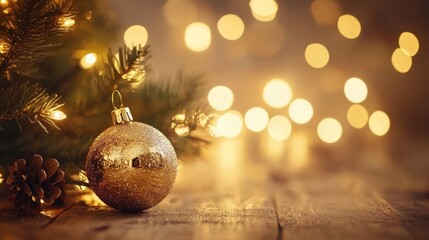 Poster - Festive golden Christmas lights with defocused bokeh effect creating a warm atmosphere perfect for celebrations and holiday wallpaper use