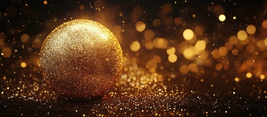 Poster - Golden glitter ball festive decoration shimmering against a dark background with sparkling bokeh lights for a holiday celebration ambiance