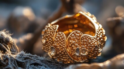Poster - Intricate gold jewelry ring with textured design beautifully displayed in natural light setting on a blurred background