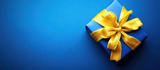 Poster - Gift box with a yellow bow on a vibrant blue background top view with ample copy space for festive or promotional themes