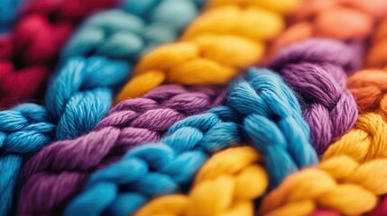 Poster - Colorful handmade knitted yarn texture showcasing intricate patterns and vibrant hues in a close-up view.