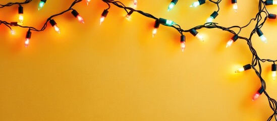 Poster - Colored lights garland on vibrant yellow backdrop creating a cheerful festive atmosphere from an overhead perspective