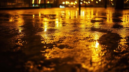 Poster - Golden abstract background of blurred light reflections on wet pavement at night, perfect for use as a stylish and atmospheric backdrop.