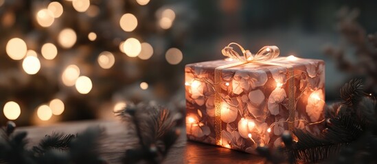 Poster - Festive gift box with fairy lights in front of a softly blurred Christmas tree creating a warm holiday atmosphere and seasonal charm