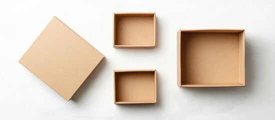 Poster - Various sizes of empty gift boxes arranged artistically on a clean white background for holiday or seasonal design concepts.