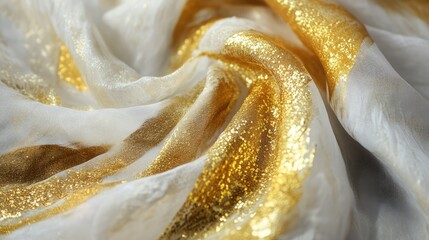 Poster - Elegant gold and white fabric design showcasing luxurious textures ideal for dressmaking and fashion applications