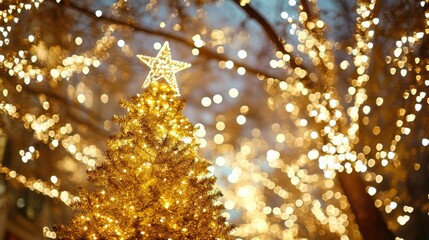 Poster - Golden Christmas tree adorned with sparkling lights creating a luxurious festive atmosphere for holiday celebrations and seasonal joy.