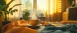 © -Quantum Pixels- - Cozy morning scene with steaming cup of freshly brewed coffee on a table surrounded by soft textiles and warm sunlight filtering in