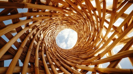 Poster - Handcrafted bamboo weave texture from a low angle perspective showcasing intricate patterns against a clear sky backdrop