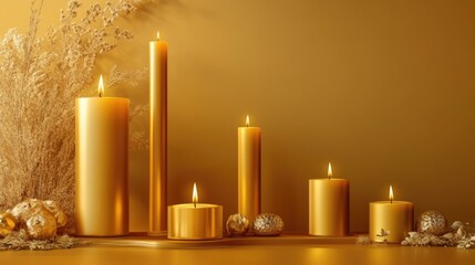 Poster - Elegant golden candles arrangement with decorative elements on a warm golden background creating a serene ambiance for festive celebrations