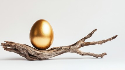 Poster - Golden egg representing wealth and prosperity balanced on driftwood branch showcasing natural elegance against a clean white backdrop