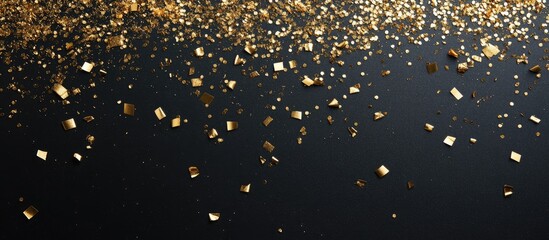 Poster - Golden confetti scattered on black background creating an elegant festive atmosphere with copy space for celebration or event themes