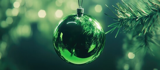 Poster - Green Christmas ornament hanging on a tree branch surrounded by festive greenery and soft bokeh lights in a warm holiday atmosphere