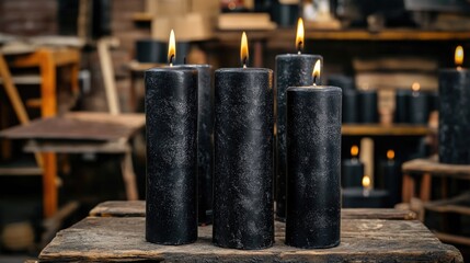 Poster - Handcrafted black paraffin candles for rituals and space cleansing in a rustic workshop setting with flickering flames