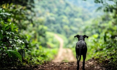 Poster - A black dog stands on a dirt path, gazing into a lush, green landscape filled with trees and hills.