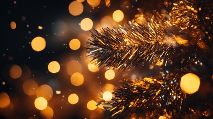 Poster - Gold tinsel and sparkles creating a festive macro blur background ideal for holiday-themed designs and seasonal decorations