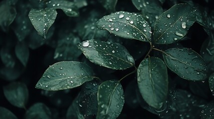 Poster - Close-up of lush, dark green leaves with water droplets.