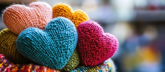 Poster - Colorful handmade knitted hearts stacked together showcasing intricate designs and textures in a vibrant display.
