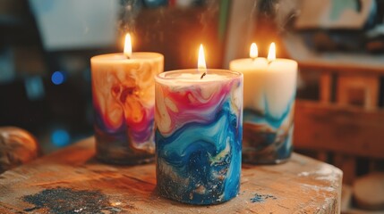 Poster - Colorful handcrafted wax candles with vibrant swirls on a rustic wooden table creating a cozy and warm atmosphere.